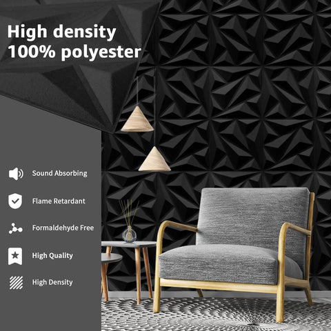 Totally Rad 3D Acoustic Panels For Walls Soundproofing Foam Tiles 12X12 Inches Black Textured design in modern living room setting.