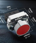 Close-up of 22mm Control Station Box Set component with red push button and measurements, part of Built-Tough Panel Mount kit for industrial use.