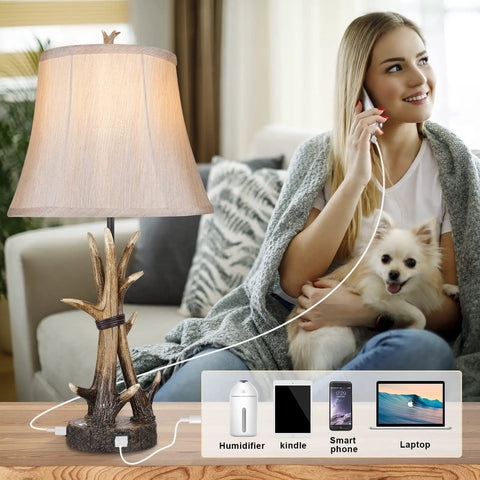 Set Of 2 Rustic Table Lamps For Living Room Farmhouse Antler Resin Nightstand Lamps With USB Charging Ports shown with woman and dog