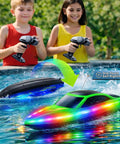 Children enjoying 2 Pack Remote Control Boats Featuring 7-Mode LED Lights, 10 Inch RC Speedboats, 15 KMH High Speed, pool racing.