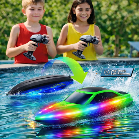 Children enjoying 2 Pack Remote Control Boats Featuring 7-Mode LED Lights, 10 Inch RC Speedboats, 15 KMH High Speed, pool racing.