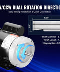 Beefy 1HP Single Phase Electric Motor 3450 RPM 115 And 230 Volt 56C Frame Five Eighth Inch Keyed Shaft Reversible CW CCW
