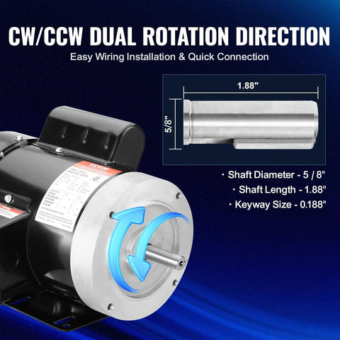 Beefy 1HP Single Phase Electric Motor 3450 RPM 115 And 230 Volt 56C Frame Five Eighth Inch Keyed Shaft Reversible CW CCW