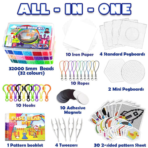 Image showcasing contents of 32000 Fuse Beads Kit With 32 Colors And 6 Pegboards For Kids Ages 5 And Up Complete Arts And Crafts Set