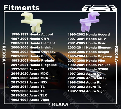 Honda Door Lock Rod Clips Kit 5pc LH RH Drop In Easy Install Left Yellow Right Purple 4mm Rod 6mm Hole Replaces 72174 SM4 003 72134 SM4 003 Fits Accord CR V Element Insight Odyssey Pilot TL MDX CL Acura. Fitment chart with yellow and purple clips