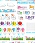 Dream Big Bulletin Board Set 66 Pieces with hot air balloons, cloud borders, 3D honeycombs, and kites layout with sizes.