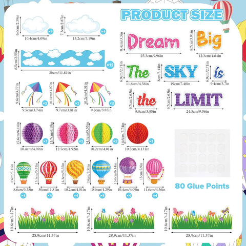 Dream Big Bulletin Board Set 66 Pieces with hot air balloons, cloud borders, 3D honeycombs, and kites layout with sizes.