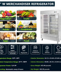 Heavy Duty 54 Inch Upright Commercial Beverage Refrigerator 42 Cubic Foot Stainless Steel Double Glass Door Beer Cooler For Bars Restaurants And Garages Featuring Fast Chill Cooling Technology displaying multiple food and drink categories.