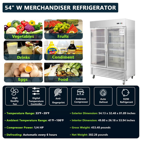 Heavy Duty 54 Inch Upright Commercial Beverage Refrigerator 42 Cubic Foot Stainless Steel Double Glass Door Beer Cooler For Bars Restaurants And Garages Featuring Fast Chill Cooling Technology displaying multiple food and drink categories.