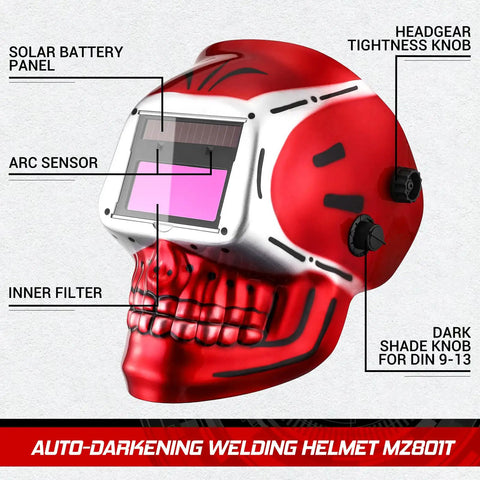 Auto Darkening Welding Helmet With True Color View Solar Powered Skull Design side view with labeled features