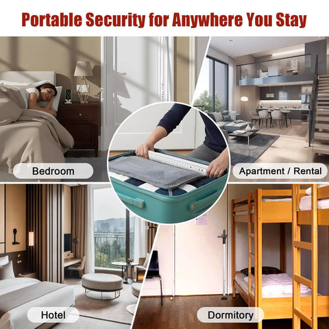 Heavy Duty Door Security Bar With 600Lb Grip adjustable from 24.5 to 50.7 inches, shown installed in various rooms for travel use.