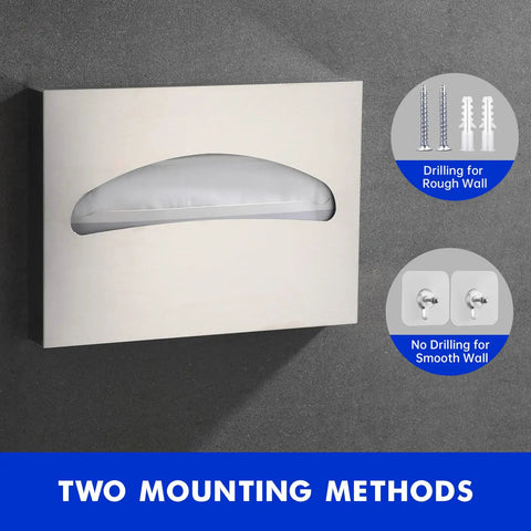 Toilet Seat Cover Dispenser Wall Mounted Brushed SUS 304 Stainless Steel With Two Easy Install Options shown on wall