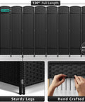8 Panel Black Room Divider With Double Hinged Panels, 6 Ft Tall Folding Privacy Screen, close-up on handcrafted weave and sturdy legs
