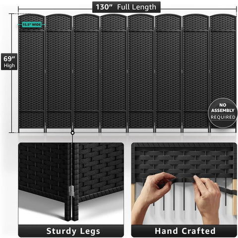 8 Panel Black Room Divider With Double Hinged Panels, 6 Ft Tall Folding Privacy Screen, close-up on handcrafted weave and sturdy legs