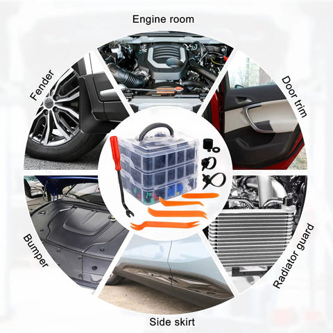 1365Pcs Car Push Retainer Clips Kit Nylon Fasteners Set, 44 popular sizes, shown with car parts like bumper and door panel.