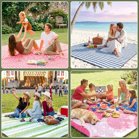 Collage of families and friends using Oversized Waterproof Sandproof Beach Blanket For Picnics And Outdoor Adventures Extra Large 80x80 Inch Foldable Rug That Stays Sand Free Your Go To For Family Road Trips RV Gear And Hiking Essentials in various settings.