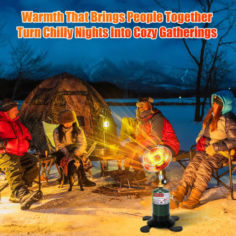 Portable Propane Heater For Camping And Outdoors on snow with people sitting around, tent, compact space heater with control valve