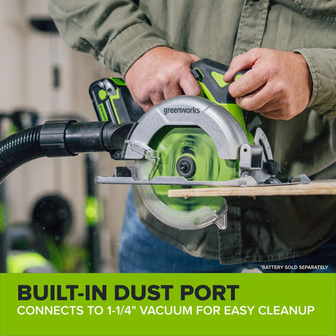 Heavy Duty Brushless Cordless Circular Saw Tool Only Featuring Snappy 24 Volt Battery Power And Knockout Demolition Cutting With Easy Lock Bevel Adjustment For Dependable High Speed Performance with built-in dust port in use.