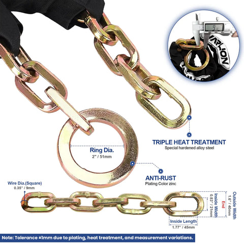 Heavy Duty Security Chain With Cinch Ring Three Foot Long And Three Eighths Inch Thick 63HRC Alloy Steel For Anti Theft Protection