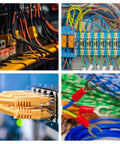 Collage of electrical wiring setups with cables, circuits, and terminals, ideal use for 3 In 1 Automatic Wire Stripper With Built In Cutter Adjustable Stripper For 18-8 AWG And 22-10 AWG Insulated Terminals Precision Crimping Tool ICP-510 Pro Grade Must Have For Any DIYer.