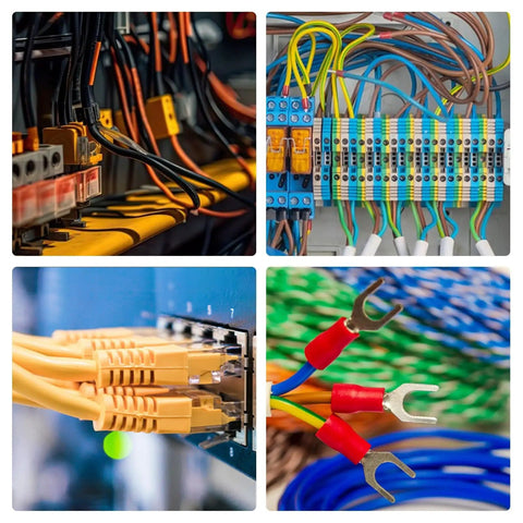Collage of electrical wiring setups with cables, circuits, and terminals, ideal use for 3 In 1 Automatic Wire Stripper With Built In Cutter Adjustable Stripper For 18-8 AWG And 22-10 AWG Insulated Terminals Precision Crimping Tool ICP-510 Pro Grade Must Have For Any DIYer.