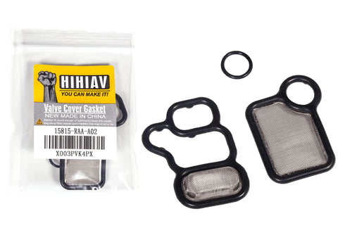 Honda VVT VTEC Solenoid Gasket Kit With Spool Valve Filter For Accord CRV Element Civic Si Crosstour RDX Acura TSX 2.0L 2.4L Engines Compatible 2002 To 2015 Models Includes 15845-RAA-A01 And 15810-RAA-A01 showing main gasket and filter with packaging