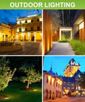 Outdoor lighting scenes featuring illuminated buildings, trees, and pathways showcasing Heavy Duty MR16 LED Bulbs 6 Pack GU53 Bi Pin Base 5 Watt Replaces 50 Watt Halogen 5000K Daylight White 12 Volt Low Voltage Replacement Kit With Next Stage Brightness And A Total No Sweat Install.