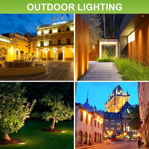 Outdoor lighting scenes featuring illuminated buildings, trees, and pathways showcasing Heavy Duty MR16 LED Bulbs 6 Pack GU53 Bi Pin Base 5 Watt Replaces 50 Watt Halogen 5000K Daylight White 12 Volt Low Voltage Replacement Kit With Next Stage Brightness And A Total No Sweat Install.