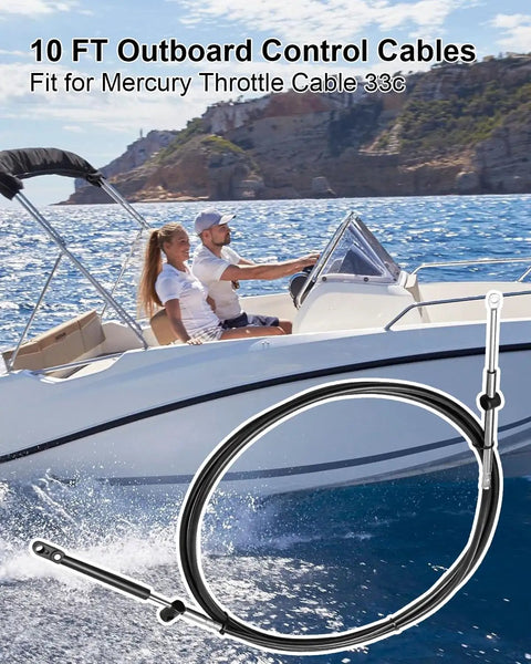 10Ft Outboard Engine Throttle And Shift Cables Set shown with a boat in marine setting, highlighting control features