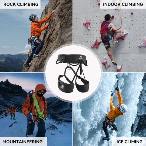 Heavy Duty Rock Climbing Harness For Men And Women Adjustable Roof And Indoor Rappelling Rig Durable Safety Harness With Strong Webbing And CE Certified shown in different climbing scenarios