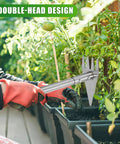 Gardener using 2-In-1 Garden Hoe And Weed Rake With Adjustable Long Handle in a planter, stainless steel double-head design