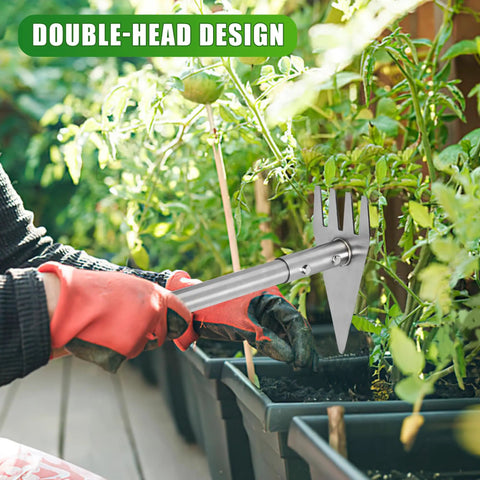 Gardener using 2-In-1 Garden Hoe And Weed Rake With Adjustable Long Handle in a planter, stainless steel double-head design