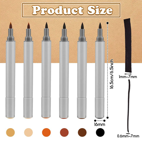 Six Pack Dual Tip Leather Dye Marker Pens For No Sweat Shoe And Furniture Scratch Fix With Dope Colors And Clean Finish For Quick Easy Restore Jobs Around The Garage, showing product size and tip details.