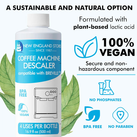 Coffee machine descaler bottle, 16.9 fl oz, plant-based lactic acid, BPA free, vegan, for home espresso machines