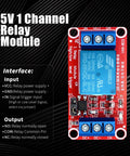 5V 1 channel relay module with optocoupler and opto isolation, showing inputs and outputs for AC 250V 10A, DC 30V 10A.