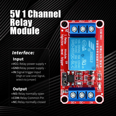 5V 1 channel relay module with optocoupler and opto isolation, showing inputs and outputs for AC 250V 10A, DC 30V 10A.