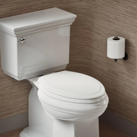 Top Shelf Elongated Toilet Seat With Silent Shut Lids And Seats, pristine white toilet in modern bathroom setting.