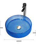 USZWBY Bathroom Vessel Sink Vanity Glass Vessel Bowl Sink Cylindrical Countertop Sink Bowl Above Counter Sink Art Basin with Faucet and Pop Up Drain in blue, 400MM diameter.