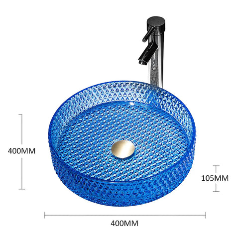 USZWBY Bathroom Vessel Sink Vanity Glass Vessel Bowl Sink Cylindrical Countertop Sink Bowl Above Counter Sink Art Basin with Faucet and Pop Up Drain in blue, 400MM diameter.
