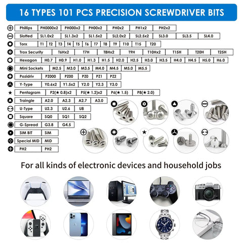 16 types of 101 precision screwdriver bits chart for 122 in 1 magnetic precision screwdriver set with case for electronics