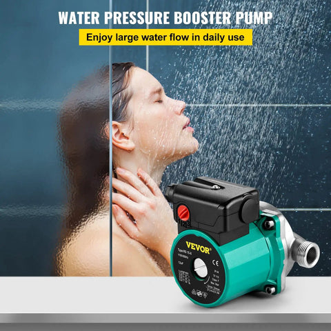 Woman showering beside Hot Water Recirculating Pump 93W 110V With Stainless Steel Head, Three Quarter To One Half Inch Brass Adapter