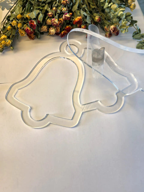 Sick Christmas Tray Router Template For Holiday Serving Boards Laser Cut Acrylic Inlay Guide Featuring Classic Bell Designs, transparent bell shapes on white background.