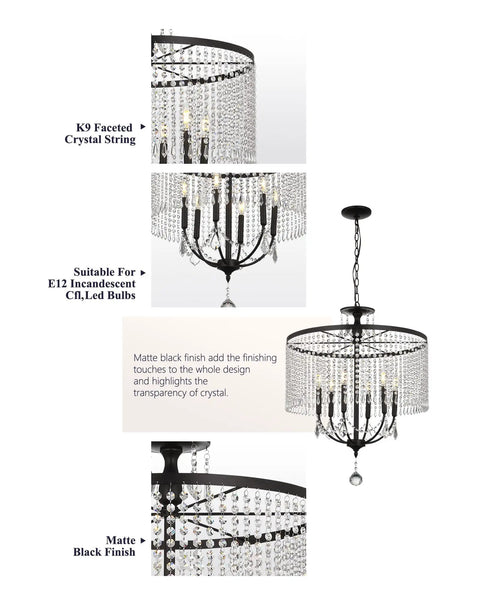 Modern Black 24 Inch Farmhouse Crystal Chandelier With 6 Lights, K9 Crystal String Drops, Mid Century Vibe Pendant Light