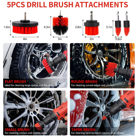 5 drill brush attachments from the 32 Piece Red Car Detailing Kit With Pro Grade Drill Brush Attachments shown with dimensions and uses
