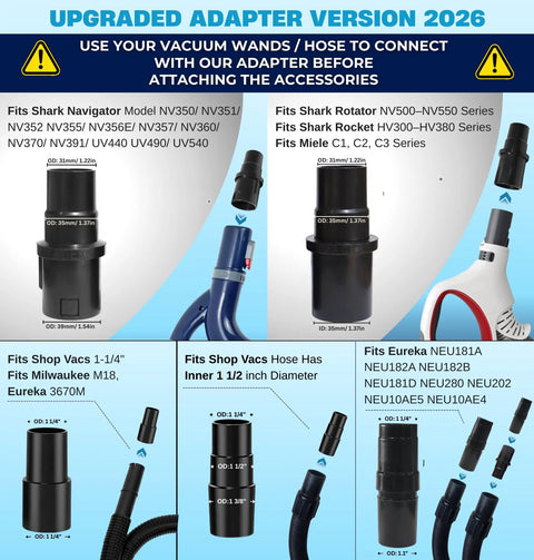 Upgraded vacuum hose adapter sizes compatible with various brands shown in a diagram.