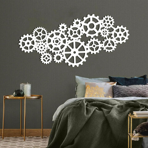 Kickass Steampunk Gear Wheel Metal Wall Decor For Living Room Or Man Cave Vintage Industrial Factory Style Wall Art Pieces bringing awesome rustic home vibes on dark wall.