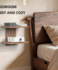 Wall Mounted Two Tier Floating Media Shelf In Rich Walnut Brown For Projectors And DVD Players With No Sweat Cable Routing And Heavy Duty Build To Secure All Your Rec Room Entertainment Gear, featuring a projector and clock.