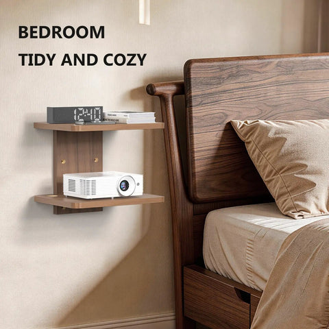 Wall Mounted Two Tier Floating Media Shelf In Rich Walnut Brown For Projectors And DVD Players With No Sweat Cable Routing And Heavy Duty Build To Secure All Your Rec Room Entertainment Gear, featuring a projector and clock.