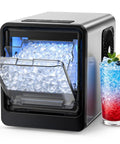 Countertop Nugget Ice Maker With Auto Water Refill Makes Legit Chewable Flake Ice In Four Minutes pumping fresh ice displayed with a colorful drink.