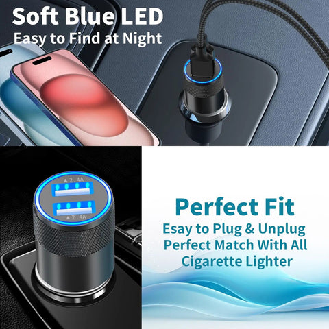 MFi Certified USB C Car Charger Fast Charge Kit 2 Pack 4.8A Cigarette Lighter Adapter with Braided Type C Cable showing LED light